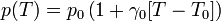 p(T) = p_0 \left(1 + \gamma_0 [T - T_0]\right) \!